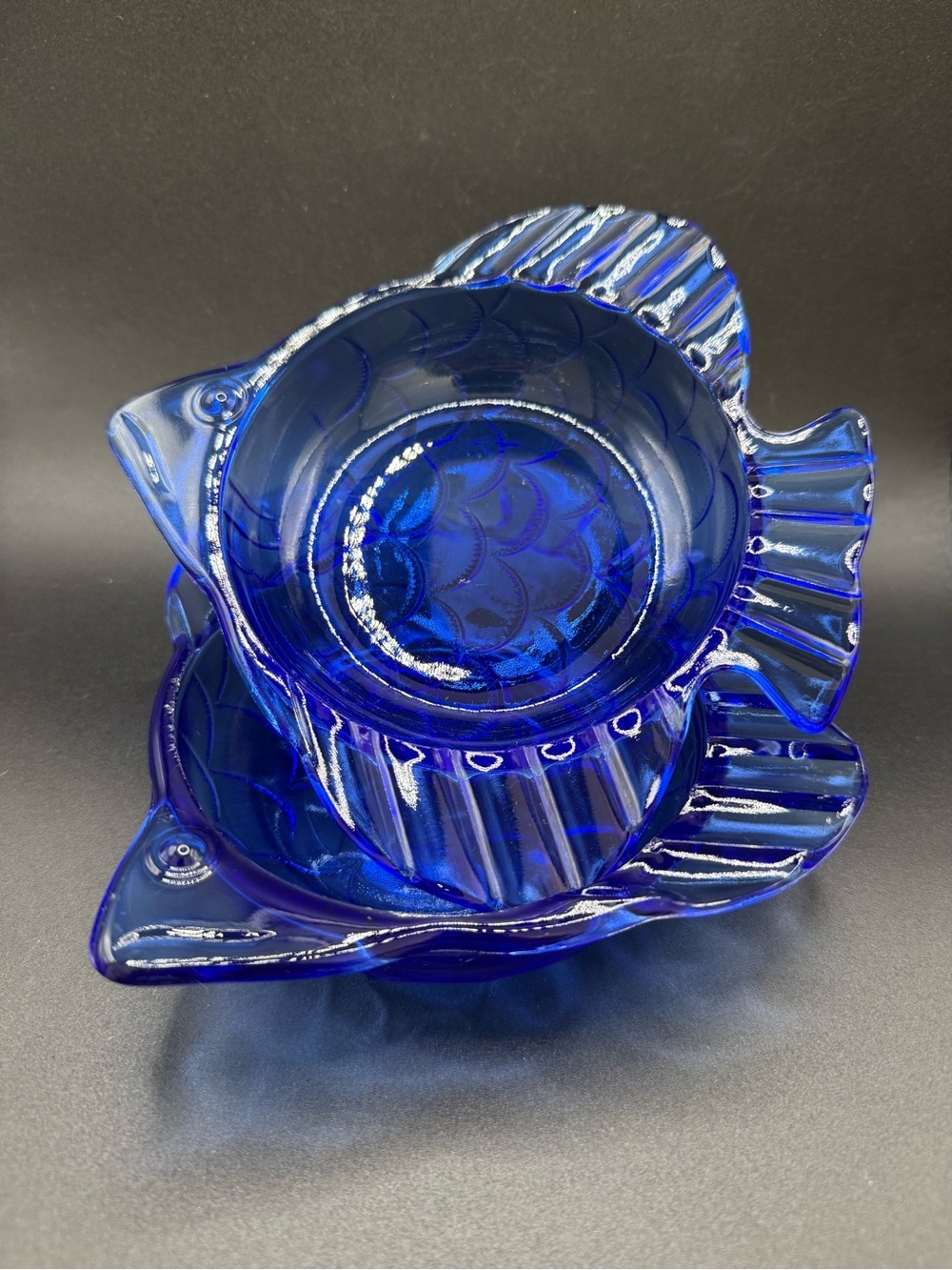 Set of 2 Vintage Cobalt Blue Glass Hazel Atlas Fish Candy Trinket Bowls
